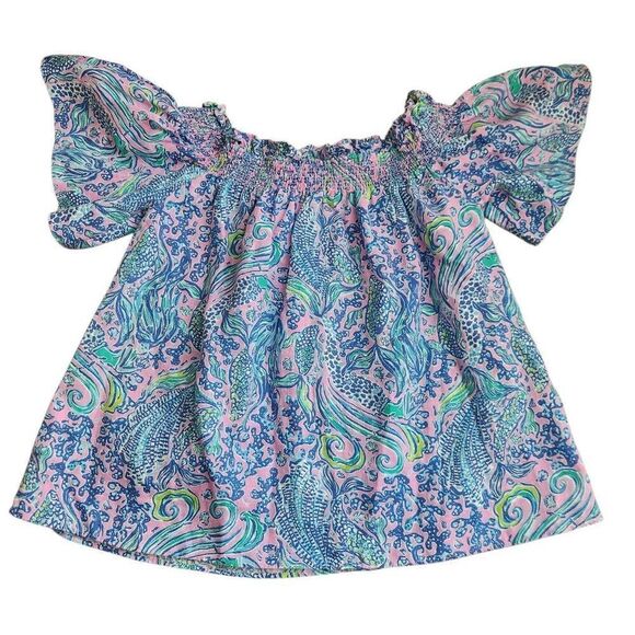 Lilly Pulitzer Linen Top Womens Large Leanne Off the Shoulder Lilac Rose We Merm - Picture 4 of 7